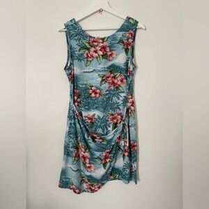 Women's Plumeria Shores Short Hawaiian Mock Wrap Sarong Rayon Dress Aqua Medium